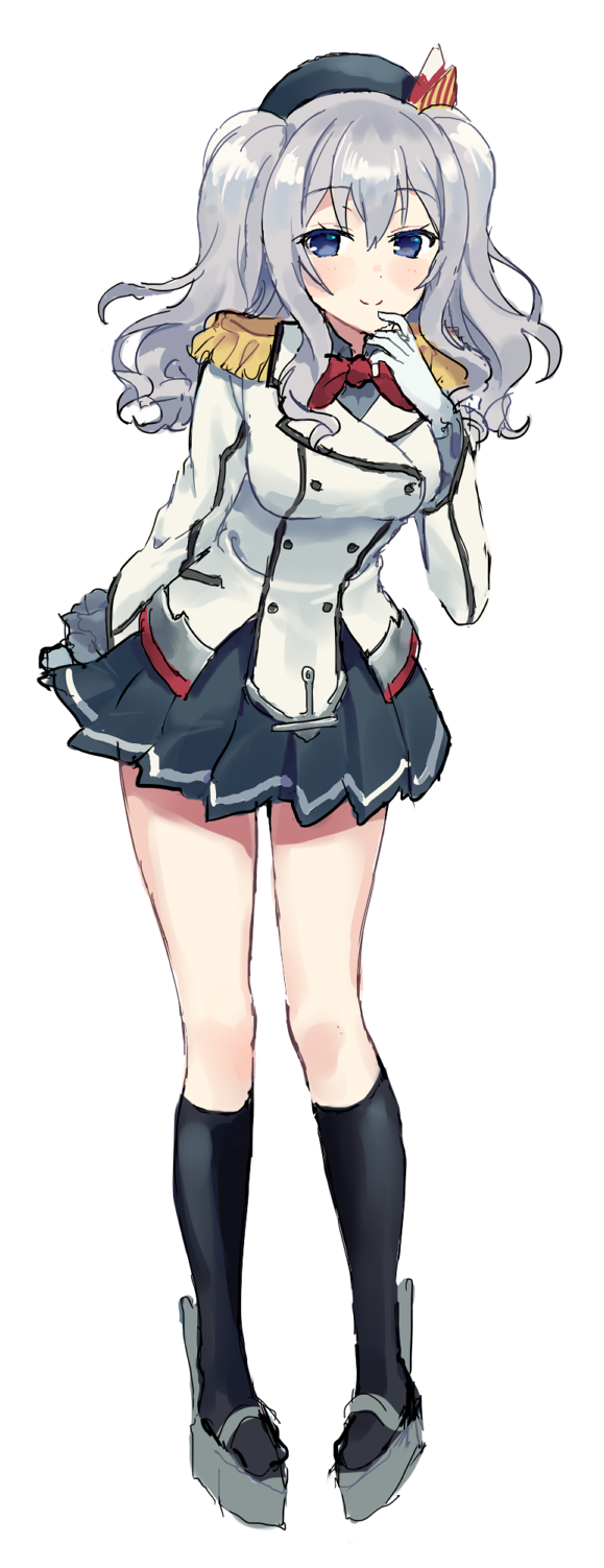 1girl bangs black_legwear blue_eyes blue_hat blue_skirt bow bowtie breasts buttons closed_mouth epaulettes eyebrows_visible_through_hair full_body gloves hair_between_eyes hat hat_ribbon highres kantai_collection kashima_(kantai_collection) kneehighs legs_apart long_sleeves looking_at_viewer medium_breasts miniskirt modagoro pleated_skirt red_bow red_neckwear ribbon silver_hair simple_background skirt smile solo standing twintails white_background white_gloves