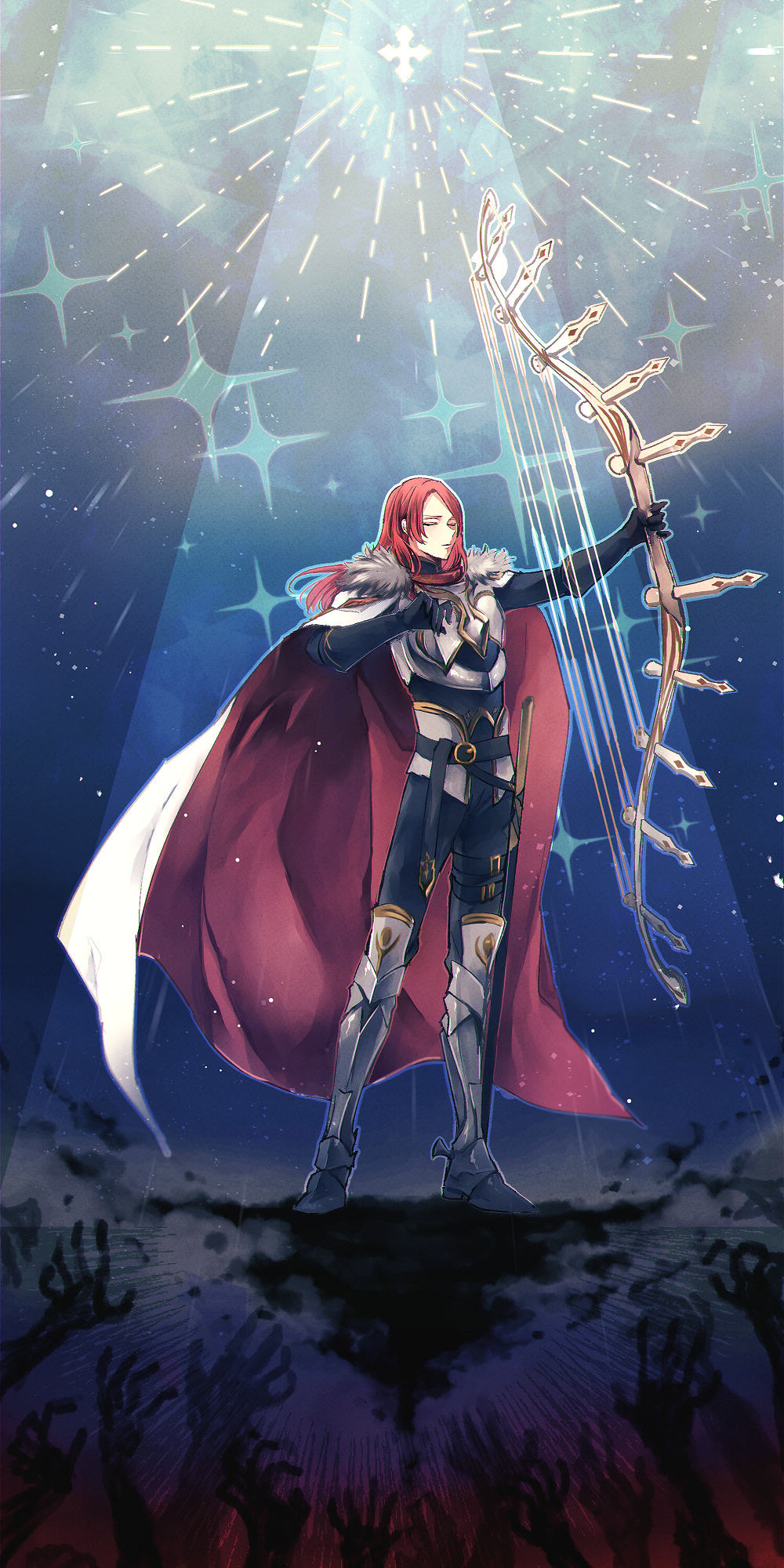 1boy armor bow_(weapon) cape closed_eyes cross fate/grand_order fate_(series) gloves greaves highres long_hair male_focus outstretched_arms redhead shioika solo sparkle tristan_(fate/grand_order) weapon