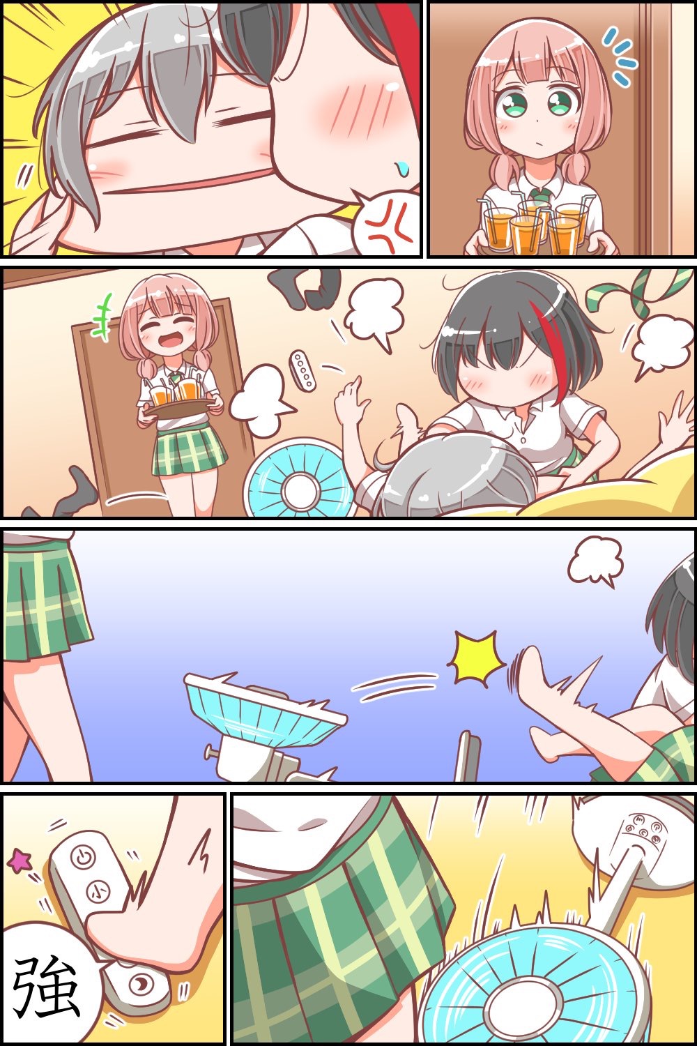 +++ 3girls =3 anger_vein aoba_moka bang_dream! bangs black_hair blush cheek_pinching closed_eyes collared_shirt comedy comic controller cup drinking_glass drinking_straw electric_fan emphasis_lines green_eyes green_neckwear green_skirt grey_hair highres holding holding_tray kicking kyou_(user_gpks5753) low_twintails lying miniskirt mitake_ran multicolored_hair multiple_girls necktie no_eyes notice_lines on_back pinching pink_hair plaid plaid_skirt pleated_skirt redhead remote_control shirt short_sleeves short_twintails skirt spoken_anger_vein star streaked_hair struggling sweatdrop translation_request tray twintails uehara_himari v-shaped_eyes white_shirt