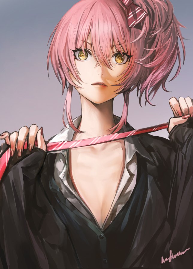 1girl breasts cleavage collarbone dress_shirt fingernails gradient gradient_background hair_ribbon idolmaster idolmaster_cinderella_girls infukun jougasaki_mika long_fingernails looking_at_viewer nail_polish necktie necktie_removed open_clothes open_shirt pink_hair ribbon shirt side_ponytail signature sleeves_past_wrists solo yellow_eyes