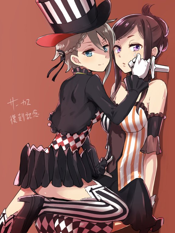 2girls against_wall ange_(princess_principal) aqua_eyes argyle argyle_legwear braid brown_hair costume dorothy_(princess_principal) facepaint gloves hat knife light_brown_hair multiple_girls niina_ryou princess_principal short_hair striped striped_legwear tied_hair top_hat vertical-striped_legwear vertical_stripes violet_eyes white_gloves