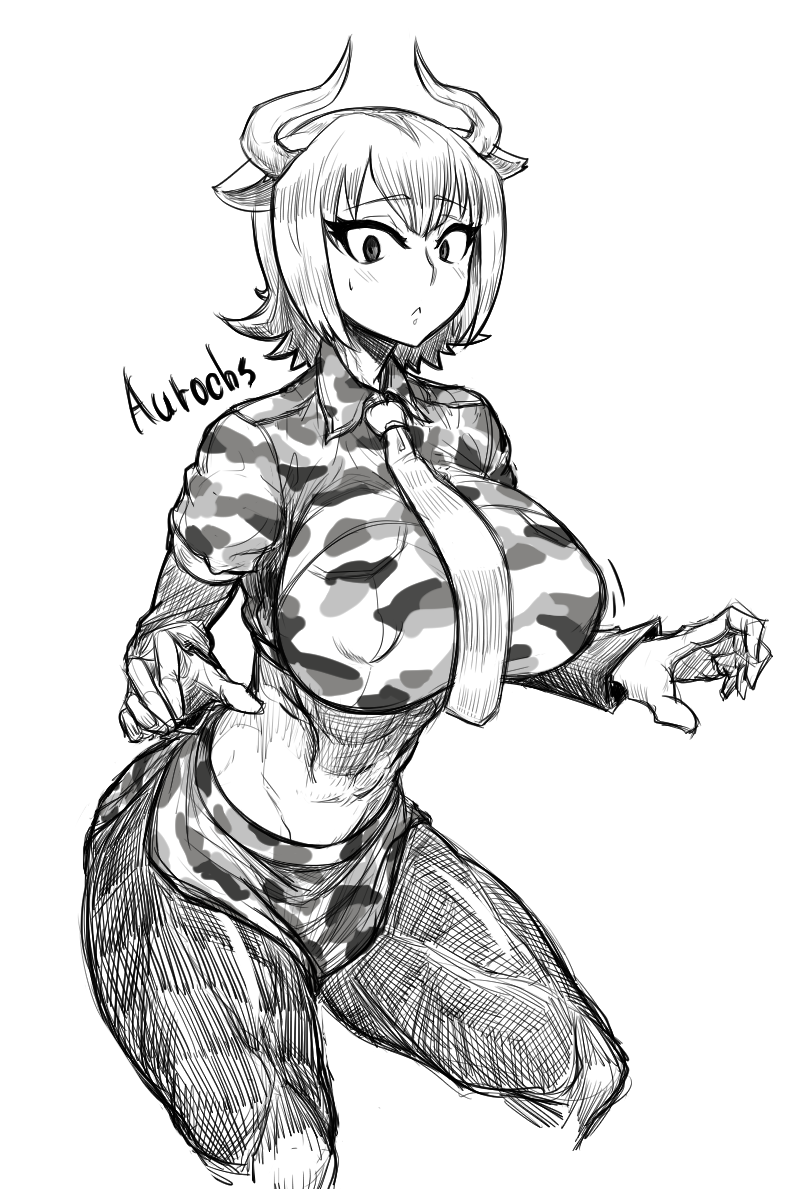 1girl :&lt; abs animal_ears aurochs_(kemono_friends) breasts camouflage camouflage_shorts camouflage_skirt character_name closed_mouth collared_shirt covered_nipples cowboy_shot crop_top cropped_legs cropped_shirt eyebrows_visible_through_hair greyscale hands_up horns impossible_clothes impossible_shirt kemono_friends large_breasts long_sleeves looking_at_viewer midriff miniskirt monochrome necktie no_tail oryx_ears pantyhose parallax05 shirt short_hair short_over_long_sleeves short_sleeves shorts simple_background skirt solo stomach thick_thighs thighs toned tsurime white_background wing_collar