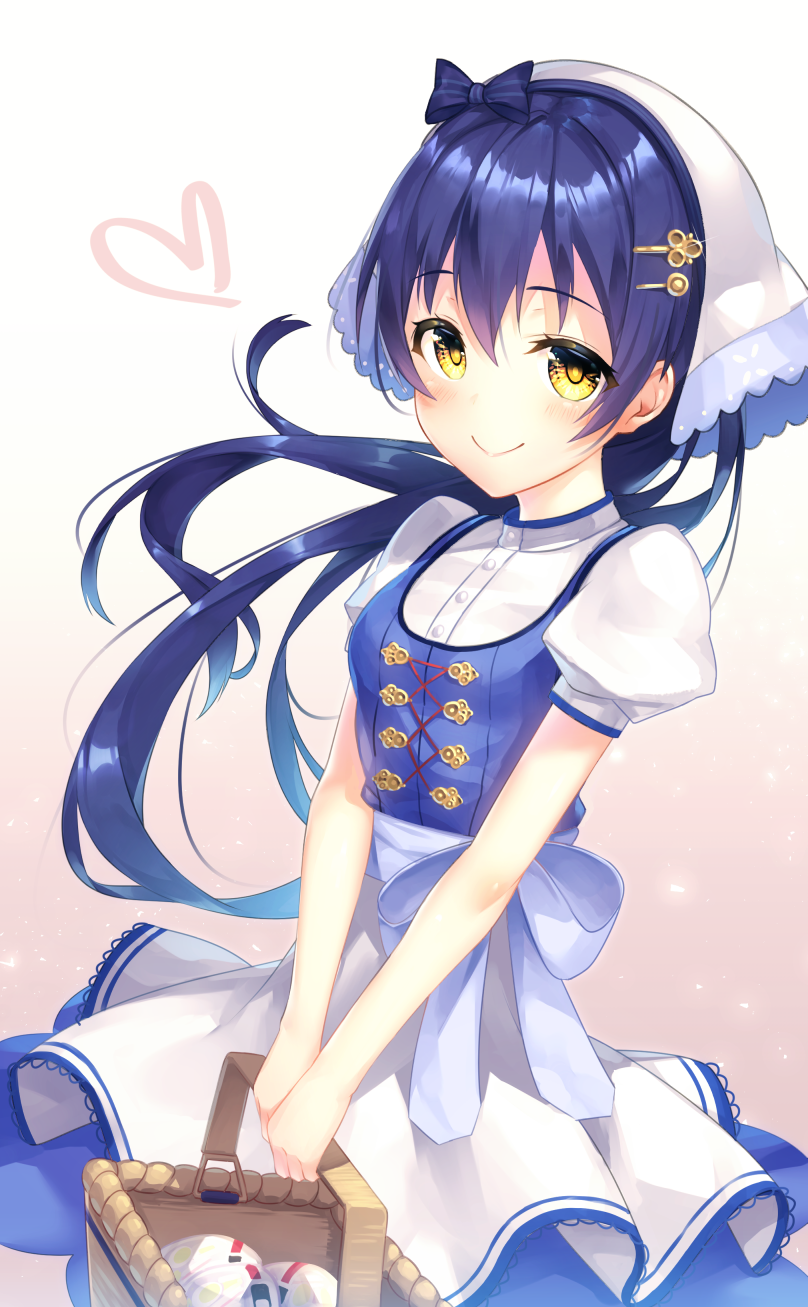 1girl apron bangs basket blue_bow blue_dress blue_hair blue_shirt bow dress food hair_bow hair_ornament hairpin head_scarf heart highres holding holding_basket kokkeina_budou long_hair looking_at_viewer love_live! love_live!_school_idol_festival love_live!_school_idol_project pinafore_dress sash shirt short_sleeves smile solo sonoda_umi white_apron yellow_eyes