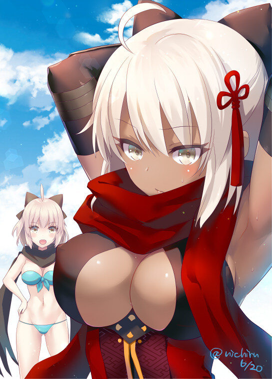 2girls ahoge armpits arms_up bikini breasts cleavage cleavage_cutout clouds cloudy_sky commentary commentary_request dark_skin elbow_gloves fate/grand_order fate_(series) front-tie_bikini front-tie_top gloves grey_eyes hair_ornament hands_on_hips large_breasts looking_at_viewer multiple_girls nichiru okita_souji_(fate) okita_souji_alter_(fate) scarf short_hair sky solo sweat swimsuit tassel upper_body white_hair