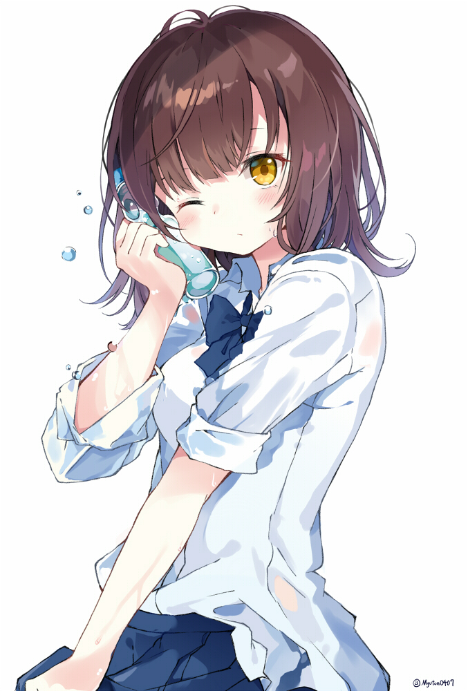 1girl blue_neckwear blue_skirt blush bottle bow bowtie brown_hair closed_mouth commentary looking_at_viewer medium_hair myuton one_eye_closed original pleated_skirt ramune school_uniform shirt short_sleeves simple_background skirt solo white_background white_shirt yellow_eyes