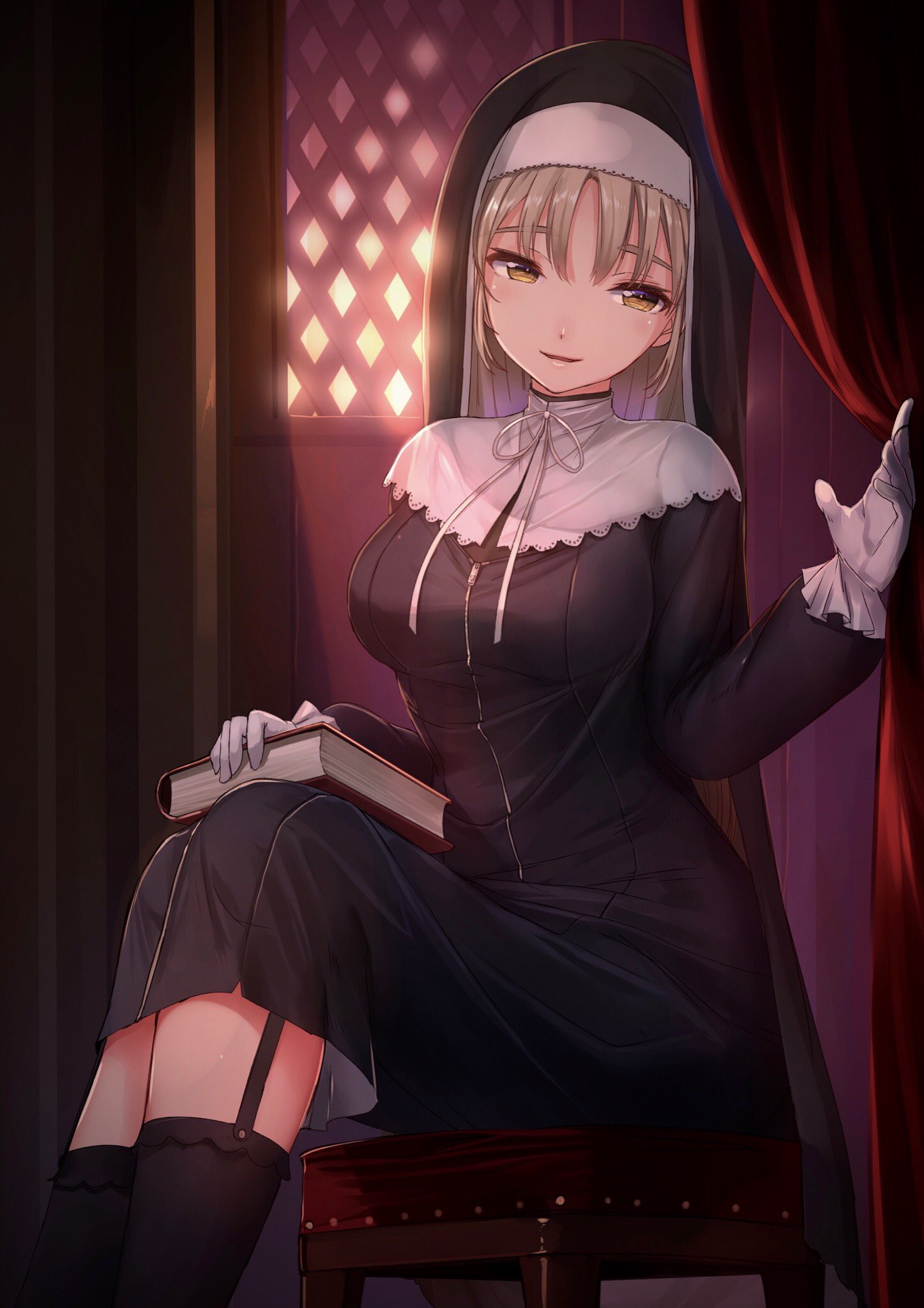 1girl akasaai bangs book breasts chair church_interior commentary_request curtains garter_straps gloves habit highres indoors kneehighs large_breasts light_brown_hair long_hair looking_at_viewer nijisanji nun open_mouth sister_cleaire sitting solo virtual_youtuber white_gloves yellow_eyes