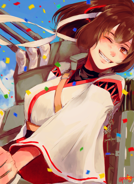 1girl blush brown_eyes brown_hair cannon commentary_request confetti hachimaki hair_ribbon headband ise_(kantai_collection) kantai_collection kuchinashi_(rapido) looking_at_viewer nontraditional_miko one_eye_closed ponytail remodel_(kantai_collection) ribbon short_hair sky smile solo turret twitter_username undershirt