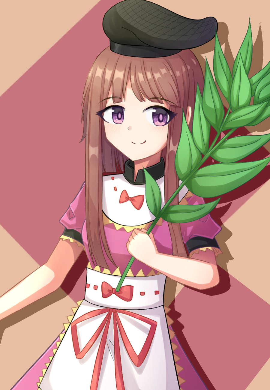 1girl apron arm_up bangs brown_hair capelet dress drop_shadow eyebrows_visible_through_hair hat highres holding_plant long_hair looking_at_viewer myouga_(plant) nishida_satono pink_dress puffy_short_sleeves puffy_sleeves short_sleeves sidelocks simple_background solo standing swept_bangs tate_eboshi touhou two-tone_background upper_body violet_eyes waist_apron yu_cha