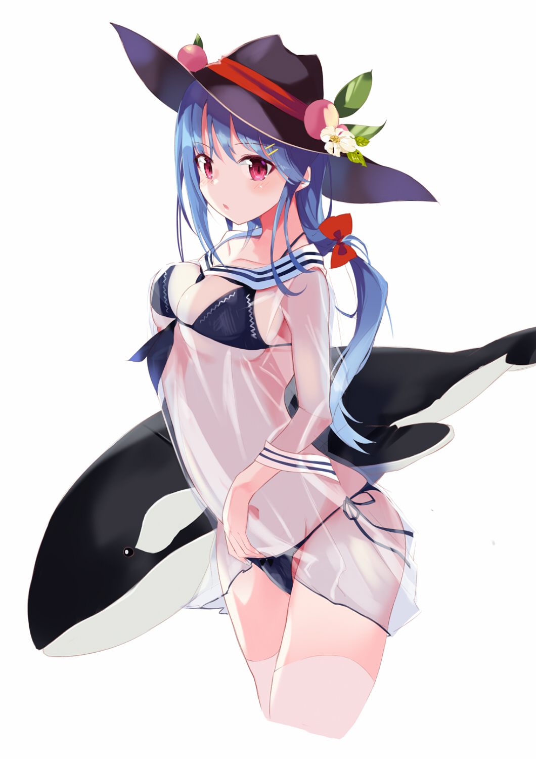 1girl bikini black_hat black_swimsuit blue_hair breasts cleavage commentary_request cowboy_shot flower food fruit hat highres hinanawi_tenshi large_breasts leaf light_blush long_hair looking_at_viewer navel open_mouth orca peach red_eyes red_ribbon ribbon sailor_collar see-through standing swimsuit tetsurou_(fe+) touhou white_flower