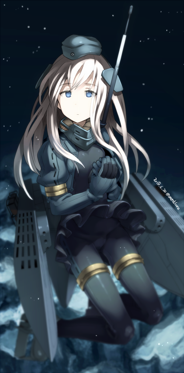 1girl blonde_hair blue_eyes bodysuit cropped_jacket dated full_body garrison_cap hat highres kantai_collection long_hair long_sleeves machinery military military_uniform night night_sky outdoors puffy_long_sleeves puffy_sleeves rock sakura_(medilore) sitting sky solo star_(sky) starry_sky twitter_username u-511_(kantai_collection) uniform