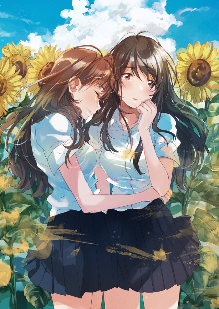 2girls black_hair black_skirt blue_sky blush brown_eyes brown_hair closed_eyes clouds commentary_request day eyebrows_visible_through_hair field flower flower_field fly_(marguerite) hug long_hair multiple_girls original pleated_skirt school_uniform short_sleeves skirt sky smile sunflower waist_hug yuri