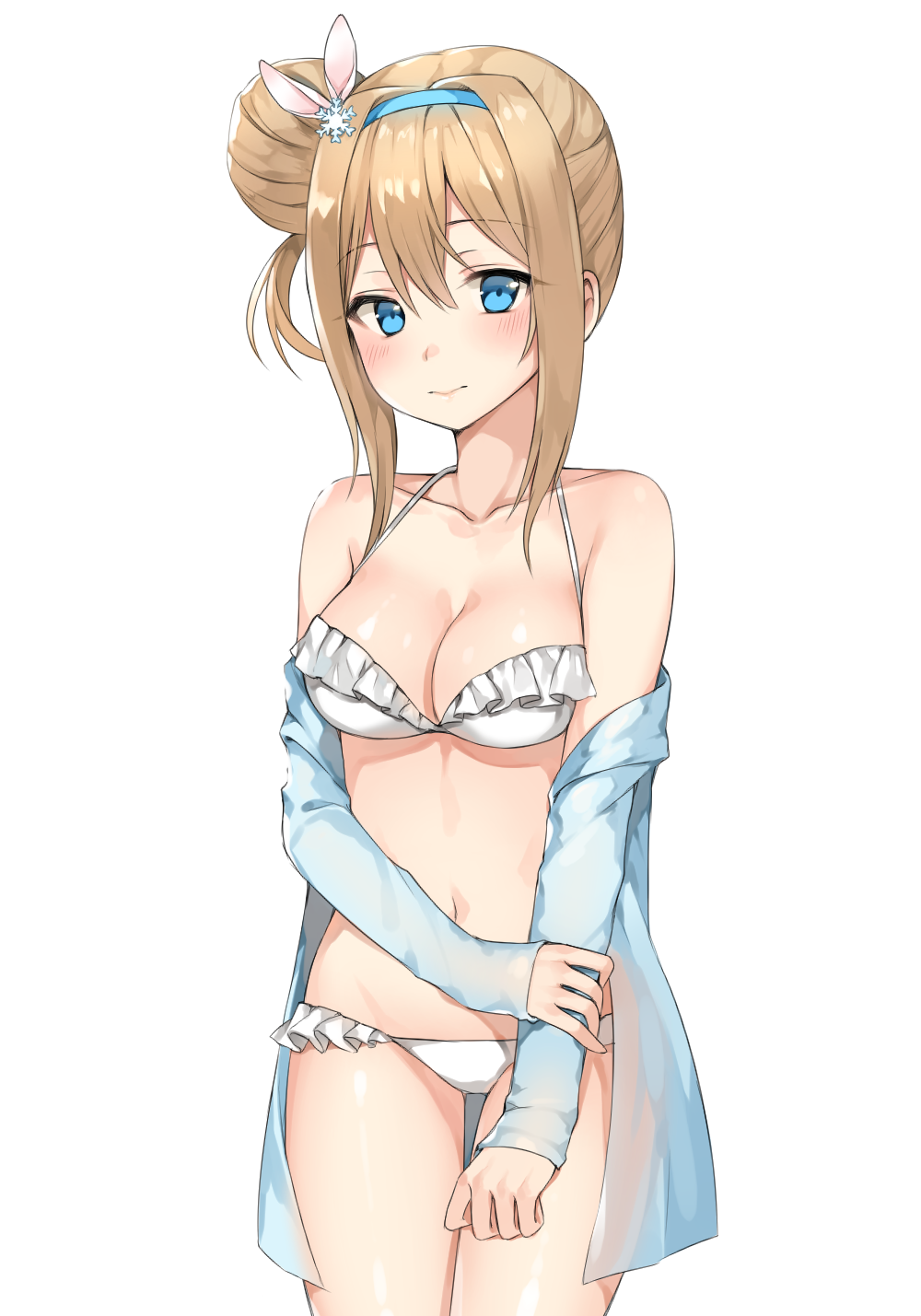 1girl alternate_costume alternate_hairstyle bangs bikini blonde_hair blue_eyes blue_shawl blush breasts canape_(canape0130) cleavage closed_mouth collarbone cowboy_short eyebrows_visible_through_hair frilled_bikini frills girls_frontline hair_between_eyes hair_ornament hairband hand_on_own_arm head_tilt highres long_hair looking_at_viewer medium_breasts navel off_shoulder open_clothes open_shirt see-through shirt side_bun sidelocks signature simple_background smile snowflake_hair_ornament solo stomach suomi_kp31_(girls_frontline) swimsuit thighs white_background
