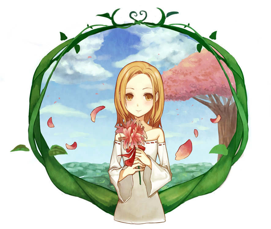 1girl bare_shoulders blonde_hair blue_sky blush brown_eyes closed_mouth clouds cloudy_sky detached_sleeves dress elaine flower holding holding_flower long_hair long_sleeves looking_at_viewer nanatsu_no_taizai pink_flower pink_petals red_ribbon ribbon ribbon-trimmed_clothes ribbon-trimmed_sleeves ribbon_trim sky smile tree upper_body white_dress yellow_eyes