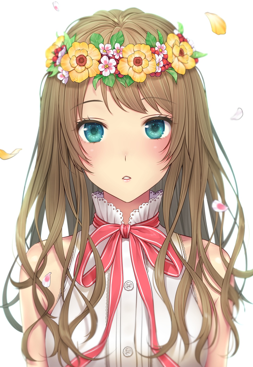 1girl aqua_eyes bare_shoulders blush brown_hair buttons daidai_jamu eyebrows_visible_through_hair head_wreath highres long_hair looking_at_viewer original parted_lips petals sleeveless solo upper_body