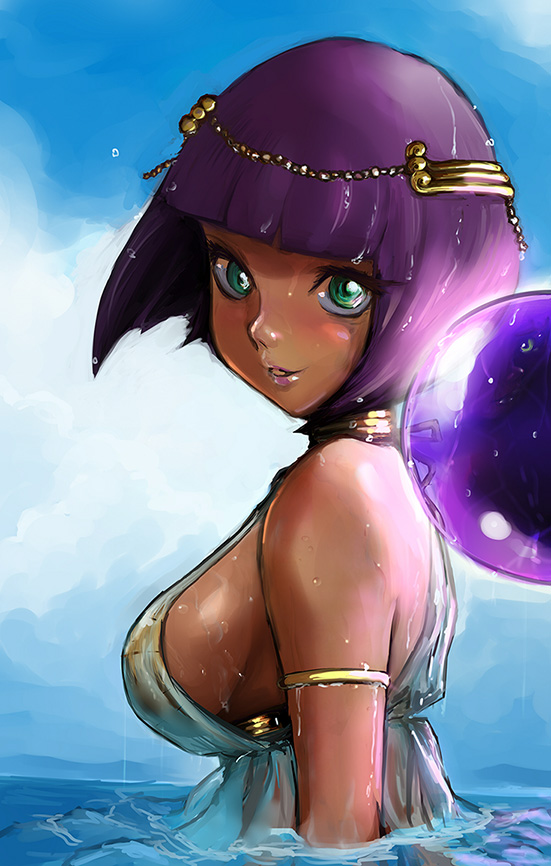 1girl alternate_costume armlet bangs blue_sky blunt_bangs bob_cut breasts crystal_ball dark_skin day dress from_side green_eyes jewelry looking_at_viewer medium_breasts menat neck_ring nezutora no_bra partially_submerged purple_hair short_hair sideboob sky smile solo street_fighter street_fighter_v wet wet_clothes wet_dress wet_hair