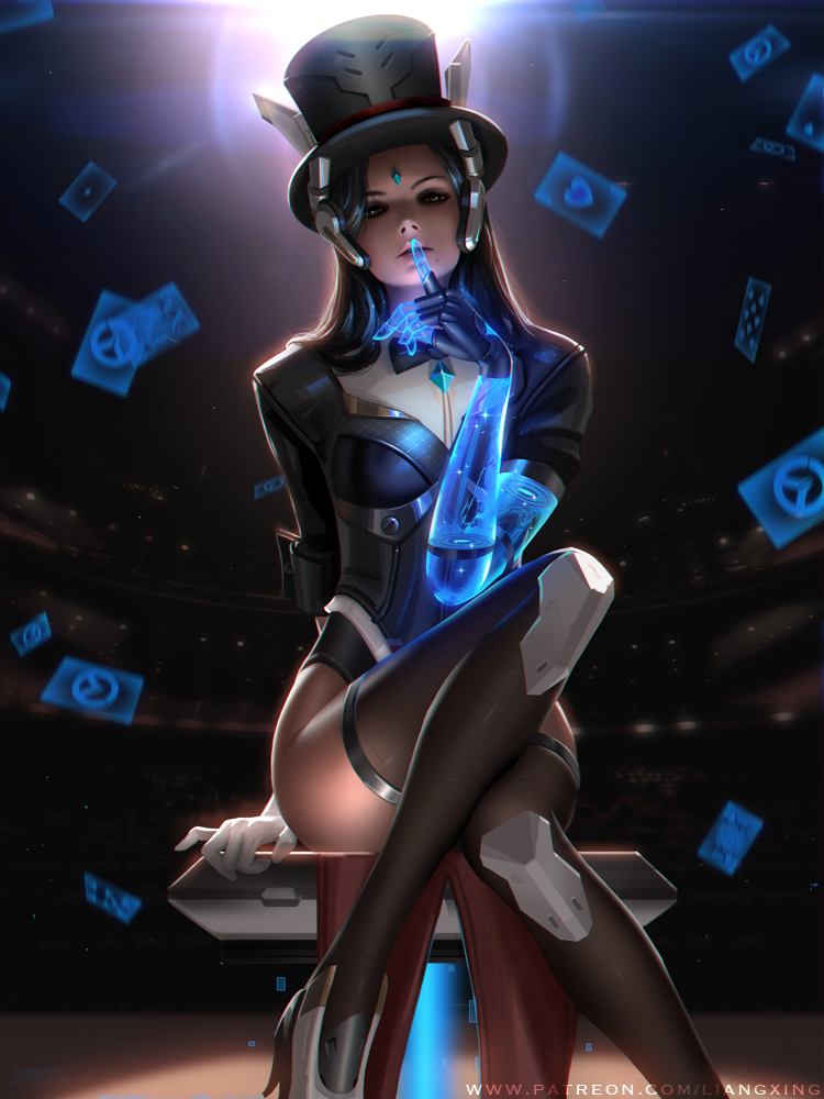 1girl alternate_costume arm_support auditorium backlighting card dark_background dark_skin finger_to_mouth gloves hat liang_xing looking_at_viewer magician_symmetra mechanical_arm mole mole_under_mouth overwatch parted_lips sitting solo symmetra_(overwatch) thigh-highs top_hat white_gloves
