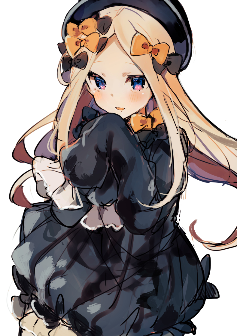 1girl abigail_williams_(fate/grand_order) bangs black_bow black_dress black_hat blue_eyes blush bow dress fate/grand_order fate_(series) floating_hair hair_bow hand_up hat ikeuchi_tanuma long_hair long_sleeves orange_bow parted_bangs parted_lips sleeves_past_fingers smile solo very_long_hair