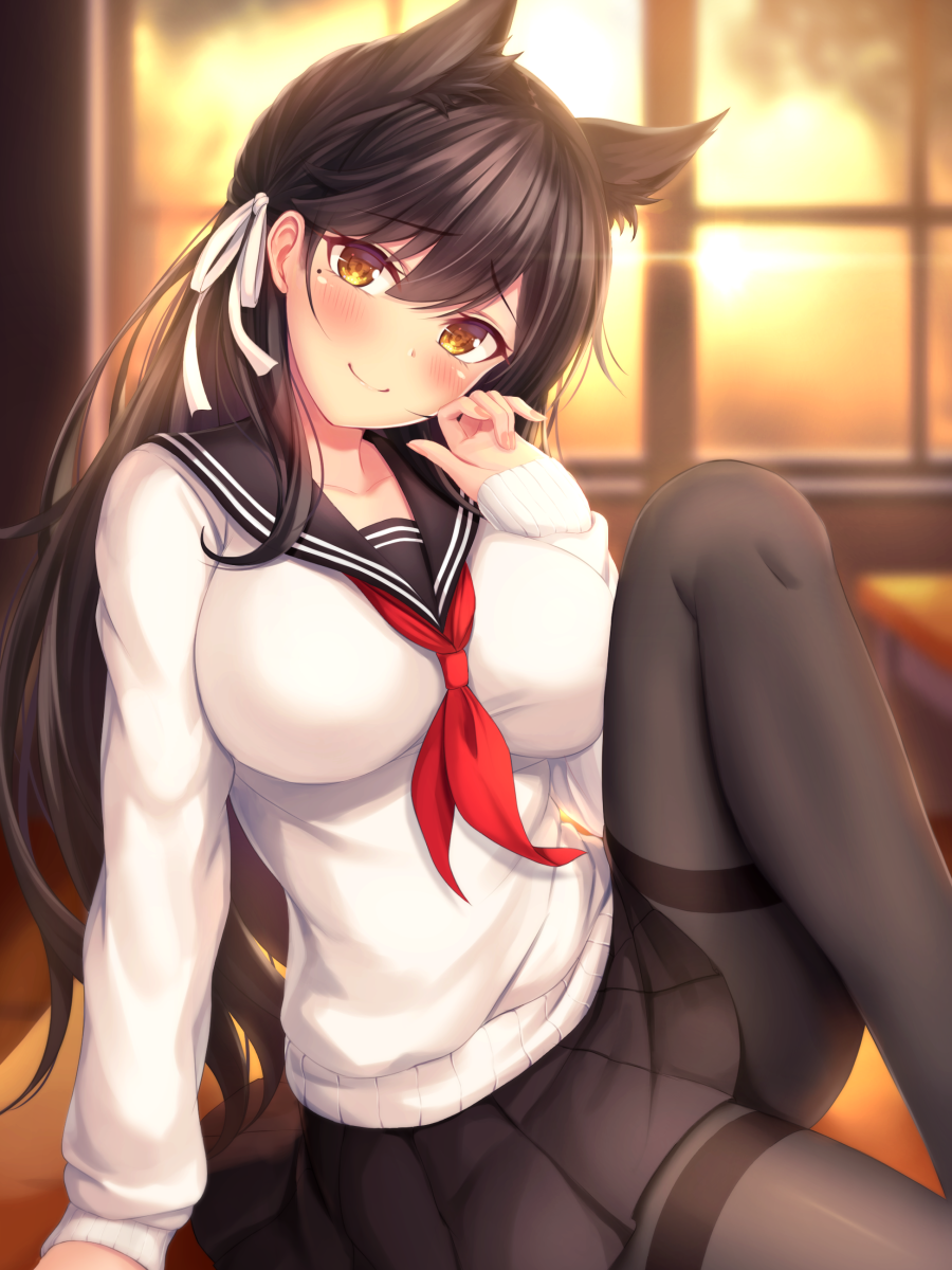 1girl alternate_costume animal_ears atago_(azur_lane) azur_lane bangs black_hair black_legwear black_skirt blurry blurry_background blush breasts brown_eyes classroom closed_mouth commentary crossed_arms evening extra_ears eyebrows_visible_through_hair hair_between_eyes hair_ornament hair_ribbon hand_up head_tilt highres knee_up large_breasts long_hair long_sleeves looking_at_viewer mole mole_under_eye mutsuba_fumi neckerchief on_table orange_sky pantyhose pleated_skirt red_neckwear ribbed_sweater ribbon sailor_collar school_uniform serafuku sidelocks sitting skirt sky smile solo sunlight sweater table thighband_pantyhose thighs underwear white_sweater