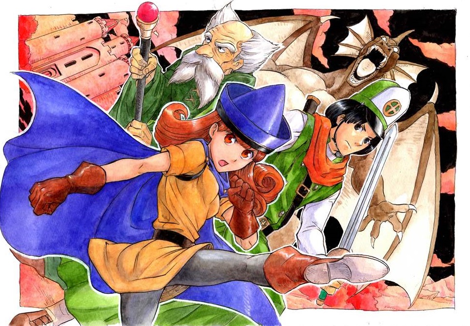 1girl 2boys alena_(dq4) ass breasts brey cape clift closed_mouth commentary_request curly_hair dragon_quest dragon_quest_iv gloves hat legs long_hair multiple_boys orange_hair pantyhose sio2_(nisankakeiso) skirt yellow_skirt