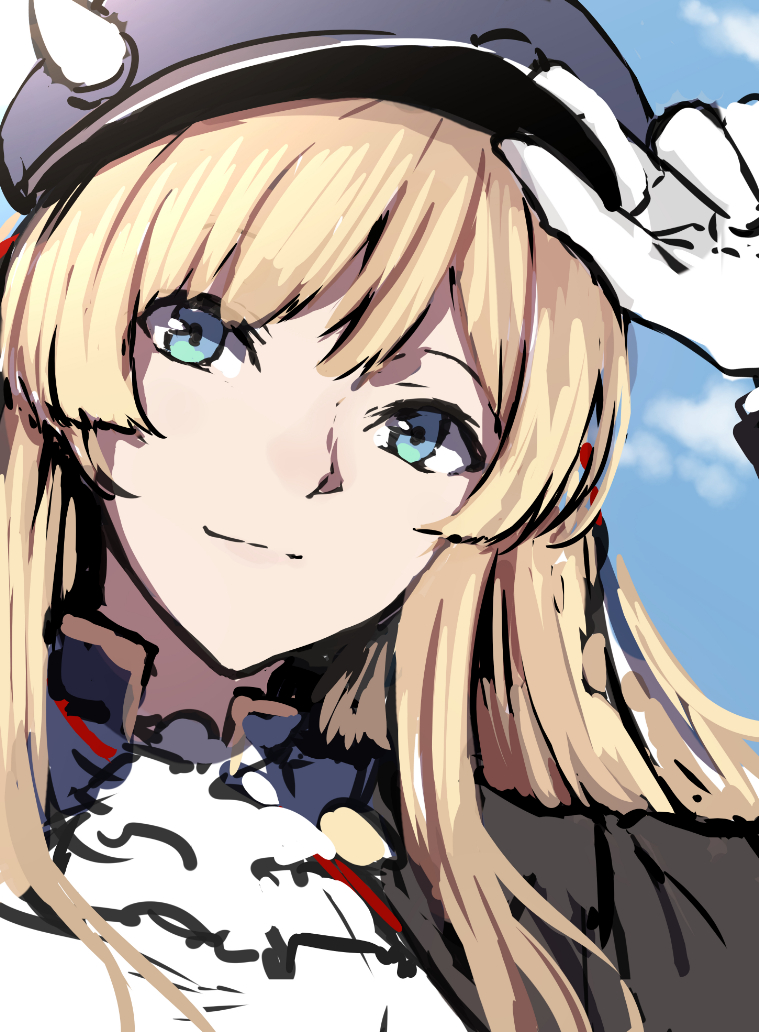 1girl ascot azur_lane black_jacket blonde_hair blue_eyes blue_sky character_request closed_mouth clouds gloves hand_on_headwear hand_on_hip hat jacket looking_at_viewer sblack sketch sky smile solo upper_body white_gloves white_neckwear