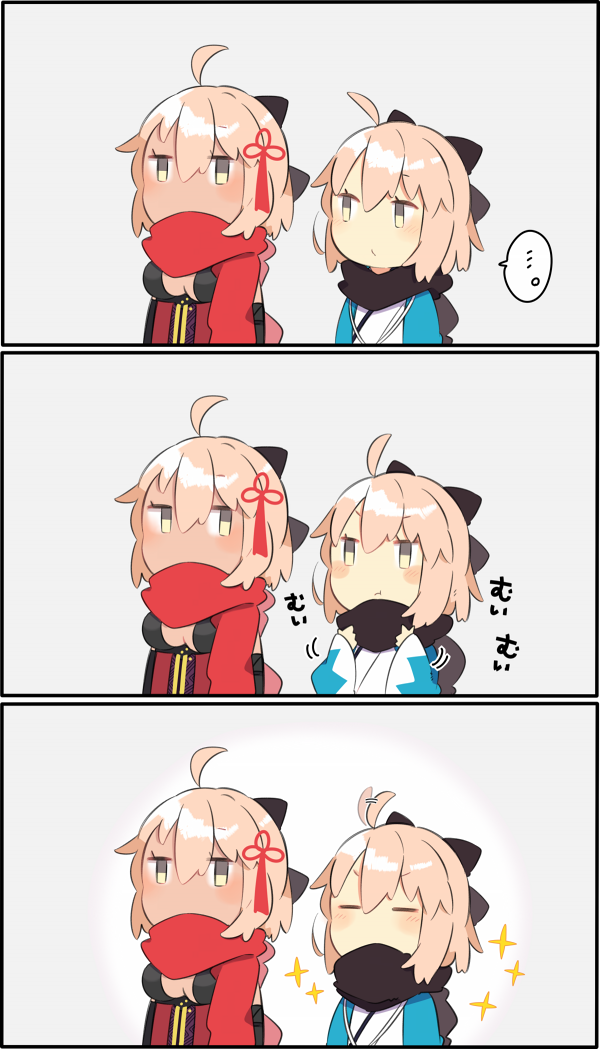 ... 2girls 3koma adjusting_scarf ahoge ahoge_wag beige_background bow breasts chibi cleavage cleavage_cutout closed_eyes comic commentary_request expressive_hair fate/grand_order fate_(series) hair_between_eyes hair_bow hair_ornament japanese_clothes long_sleeves multiple_girls okita_souji_(fate) okita_souji_alter_(fate) pekeko_(pepekekeko) pout scarf sleeveless sparkle spoken_ellipsis tan translation_request wide_sleeves yellow_eyes
