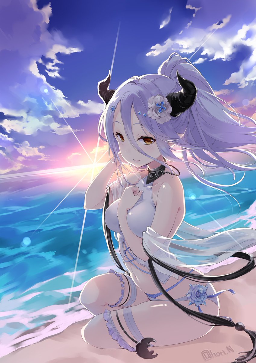 1girl bangs bare_shoulders beach blue_hair blue_ribbon blue_sky blush breasts collarbone draph flower granblue_fantasy hair_between_eyes hair_flower hair_ornament halterneck hand_in_hair highres hips horns izmir large_breasts leg_garter long_hair looking_at_viewer mole mole_under_mouth navel nino_(shira) ocean pointy_ears ponytail red_eyes ribbon sash sitting sky smile snowflake_hair_ornament solo sunlight swimsuit thigh_strap thighs waist white_swimsuit