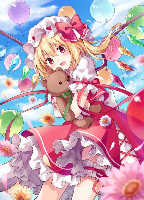 1girl :d balloon bangs blonde_hair blue_sky blurry bow clouds cloudy_sky cowboy_shot crystal daisy depth_of_field eyebrows_visible_through_hair flandre_scarlet flower frilled_skirt frills green_ribbon hair_between_eyes hat hat_bow holding holding_stuffed_animal kure~pu leg_garter looking_at_viewer mob_cap one_side_up open_mouth outdoors petals pink_flower red_bow red_eyes red_skirt red_vest ribbon shirt short_hair short_sleeves skirt sky smile solo stuffed_animal stuffed_toy teddy_bear touhou vest white_flower white_shirt wings yellow_flower