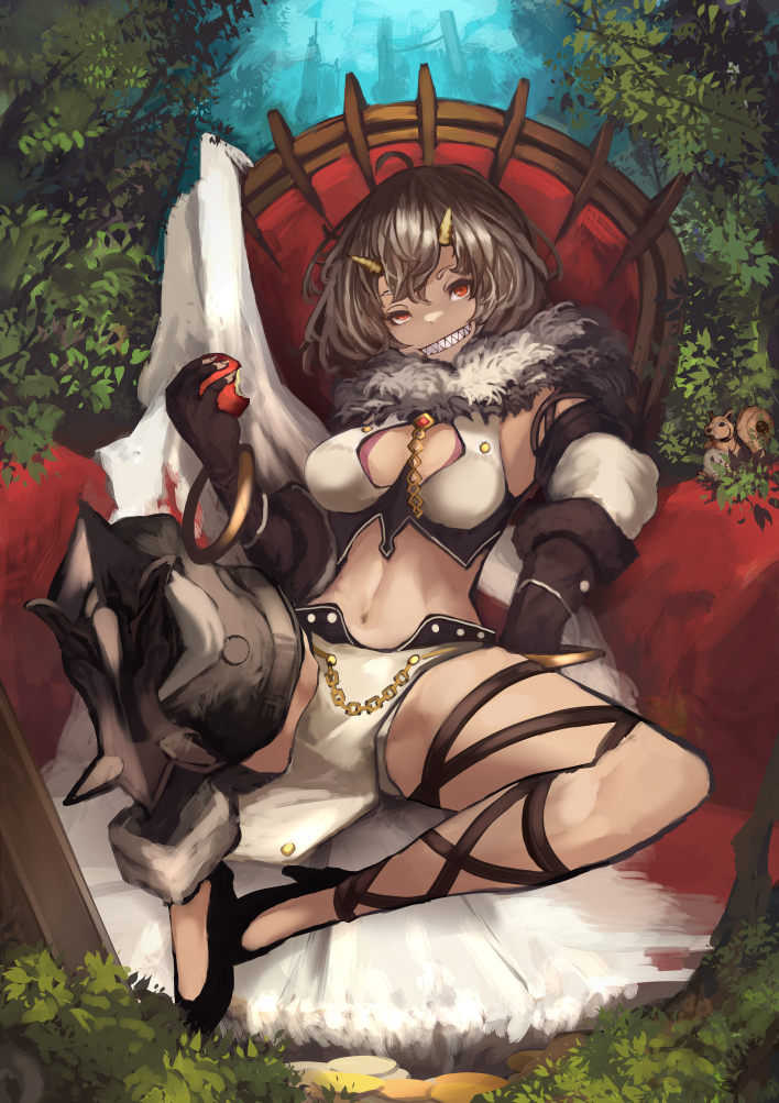 1girl apple bangs black_footwear black_gloves breasts chains elbow_gloves food fruit full_body fur_collar gloves gold_chain grey_hair grin high_heels holding holding_fruit horns loincloth medium_breasts navel original red_eyes sharp_teeth shoes sitting smile solo squirrel teeth ton_(artist) uneven_eyes