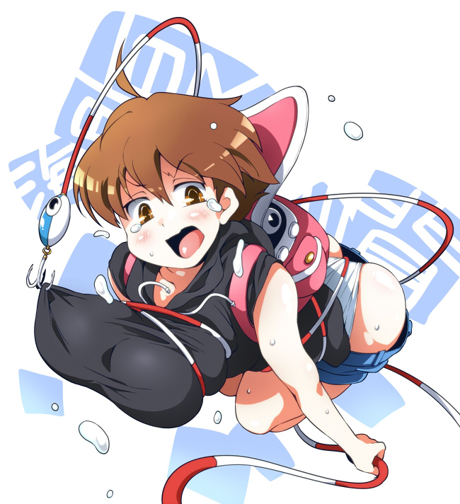 1girl ahoge ass backpack bag bangs black_hoodie blue_shorts blush bound breasts brown_eyes brown_hair eyebrows_visible_through_hair fishing_hook fishing_line hair_between_eyes hood hood_down hoodie large_breasts open_mouth panties short_hair shorts shorts_pull solo sugiura tied_up umihara_kawase umihara_kawase_(character) underwear v-shaped_eyebrows very_short_hair white_panties