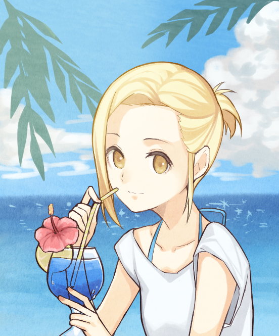1girl alternate_costume alternate_hairstyle bikini bikini_under_clothes blonde_hair closed_mouth clouds cloudy_sky collarbone cup day drinking_glass drinking_straw elaine flower food fruit hibiscus holding holding_cup lemon lemon_slice looking_at_viewer nanatsu_no_taizai ocean outdoors red_flower shirt short_hair short_ponytail short_sleeves sky smile solo swimsuit t-shirt tropical_drink white_shirt yellow_eyes