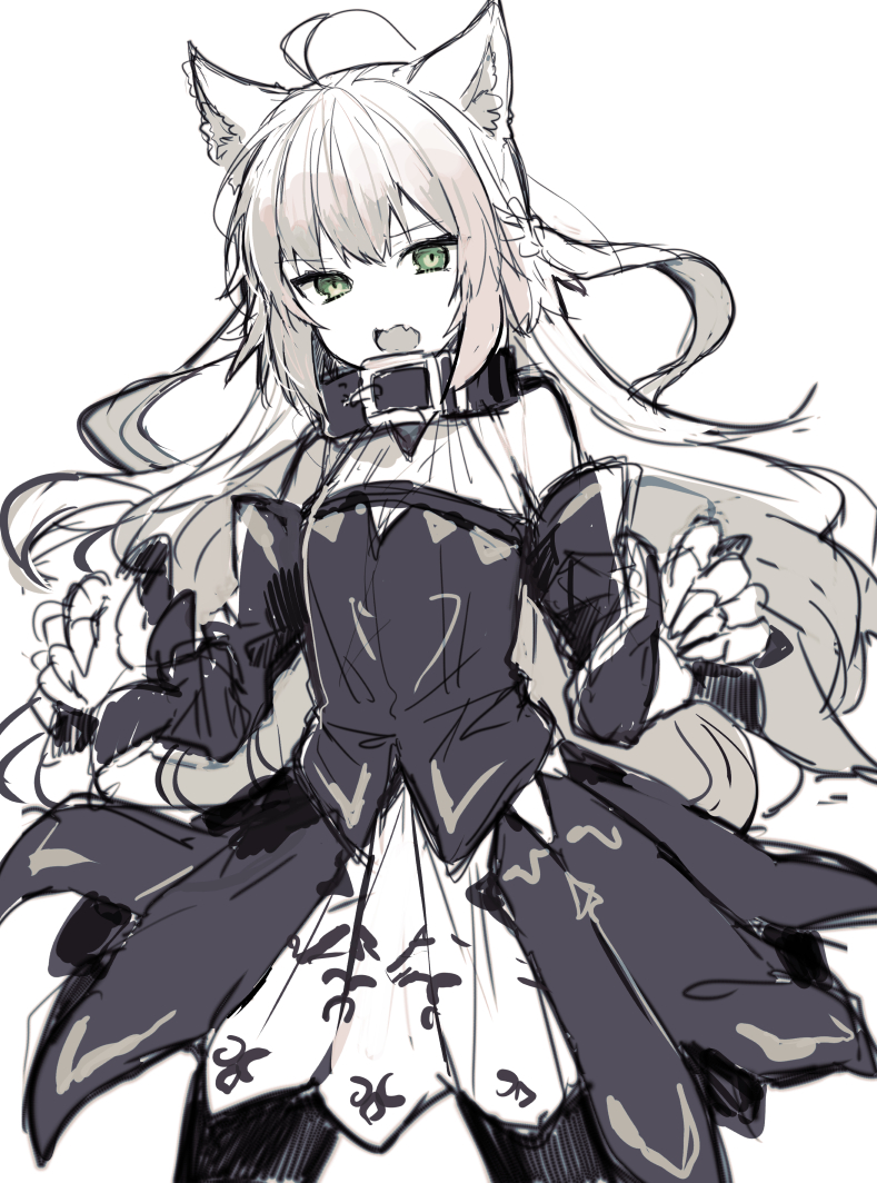 1girl ahoge animal_ears atalanta_(alter)_(fate) atalanta_(fate) bare_shoulders black_legwear black_skirt black_vest blonde_hair braid cat_ears detached_sleeves fang fate/apocrypha fate_(series) flat_chest french_braid green_eyes ikeuchi_tanuma legs_apart long_hair long_sleeves looking_at_viewer open_mouth pantyhose simple_background sketch skirt solo vest white_background