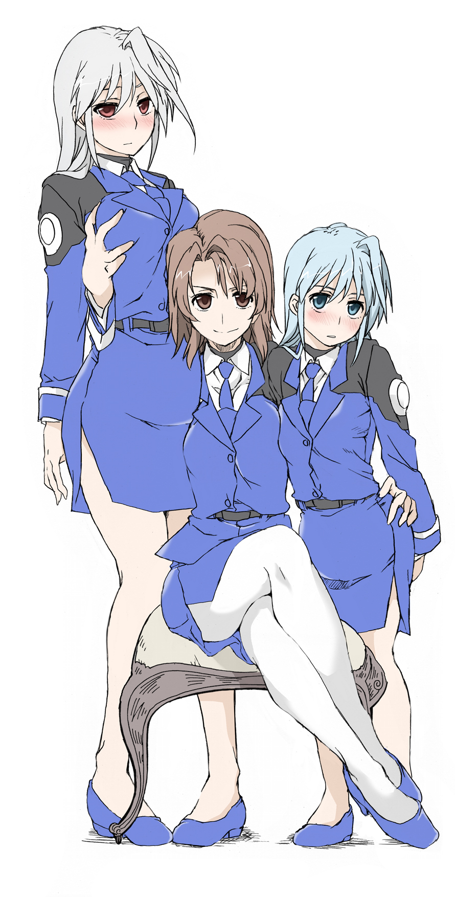 3girls ass_grab black_belt black_shirt blue_eyes blue_footwear blue_hair blue_jacket blue_neckwear blue_skirt blush breast_grab breasts brown_eyes brown_hair chair closed_mouth commentary_request dress_shirt elf_(stroll_in_the_woods) female_pervert flats girl_sandwich grabbing height_difference highres jacket legs_crossed light_frown long_sleeves lyrical_nanoha mahou_senki_lyrical_nanoha_force mahou_shoujo_lyrical_nanoha medium_breasts military military_uniform miniskirt multiple_girls necktie no_hair_ornament pantyhose parted_lips pencil_skirt pervert red_eyes reinforce reinforce_zwei sandwiched shirt shoes siblings side_slit silver_hair sisters skirt smile tsab_naval_military_uniform uniform white_background white_legwear white_shirt wing_collar yagami_hayate yuri