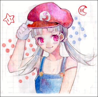 1girl arisie commentary_request cosplay gensou_suikoden gensou_suikogaiden long_hair lowres mario super_mario_bros. red_eyes sierra_mikain solo super_mario_bros. suspenders vampire white_hair