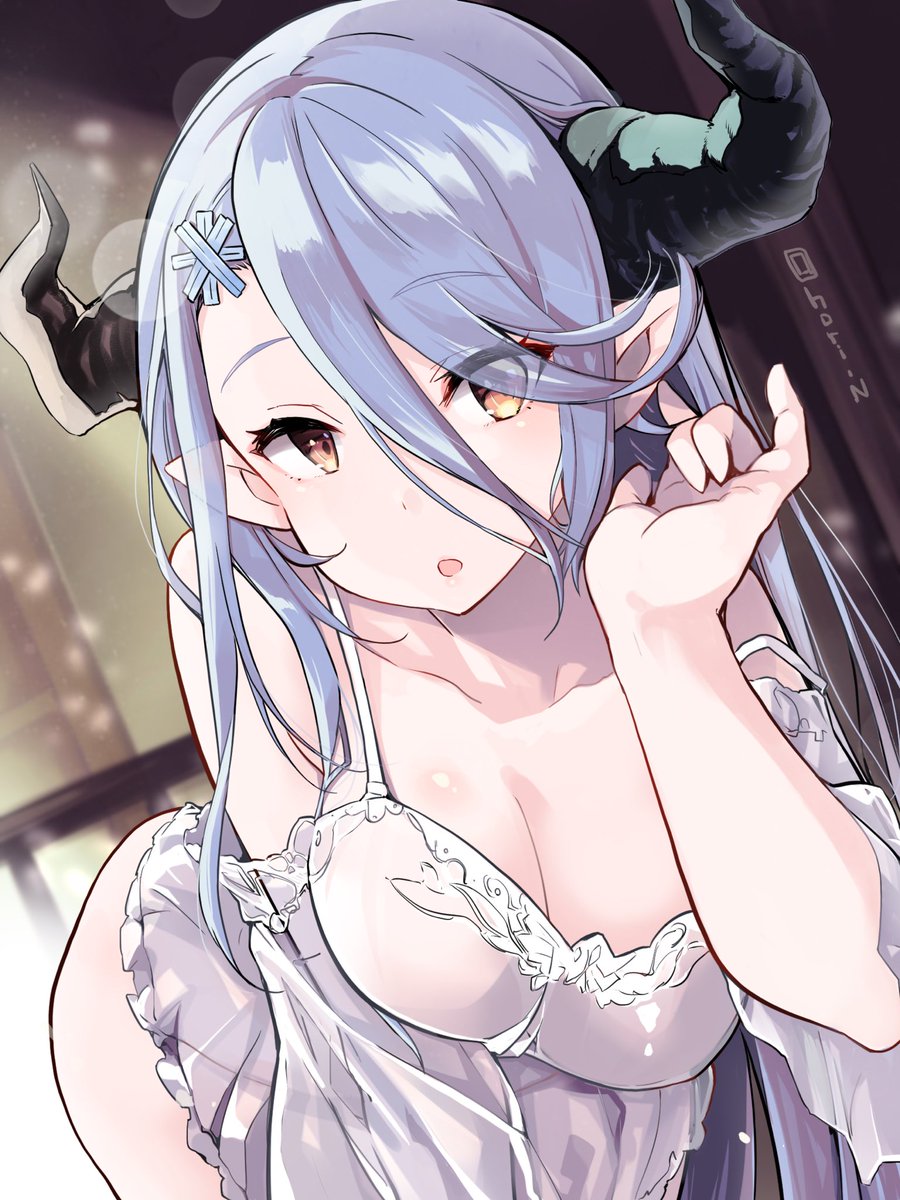 1girl adjusting_hair bare_shoulders blue_hair breasts brown_eyes cleavage commentary draph dress gown granblue_fantasy hair_between_eyes hair_ornament hair_over_one_eye highres hips horns izmir large_breasts lingerie long_hair morning nino_(shira) open_mouth pointy_ears see-through snowflake_hair_ornament solo underwear very_long_hair