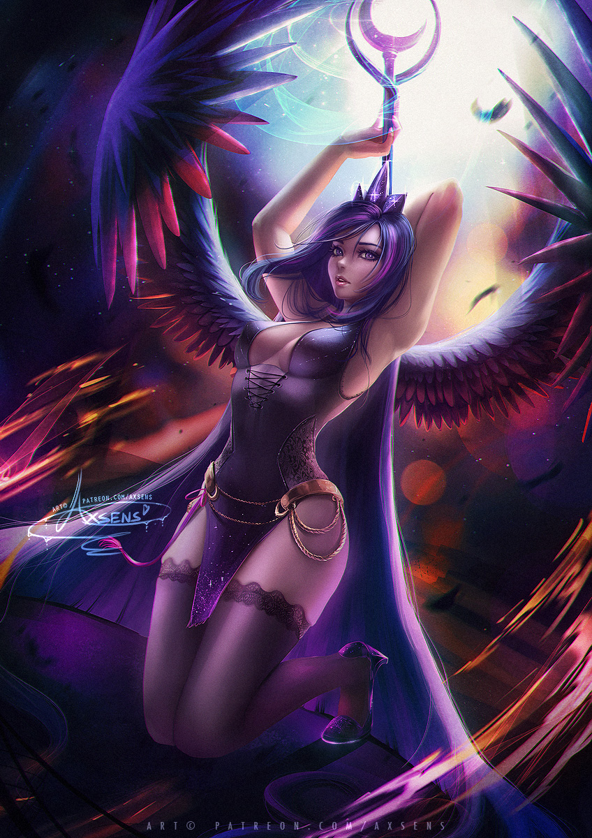 1girl alexandra_mae arms_up blurry breasts chains cleavage crescent cross-laced_clothes feathers high_heels highres horns large_breasts leotard long_hair luna_(my_little_pony) my_little_pony my_little_pony_friendship_is_magic parted_lips pelvic_curtain personification purple_hair signature solo sparkle staff thigh-highs very_long_hair violet_eyes watermark web_address wings