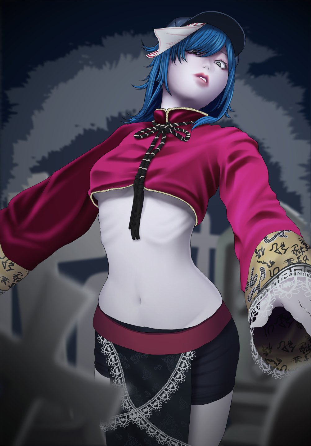 1girl alternate_costume belt blue_hair blue_hat blurry chinese_clothes cross depth_of_field fence graveyard grey_eyes hair_over_one_eye hat head_tilt highres jiangshi long_sleeves medium_hair miyako_yoshika navel nicutoka night night_sky ofuda outstretched_arms pale_skin photo-referenced ribbon ribs shorts silhouette sky solo tombstone touhou tree wide_sleeves zombie_pose