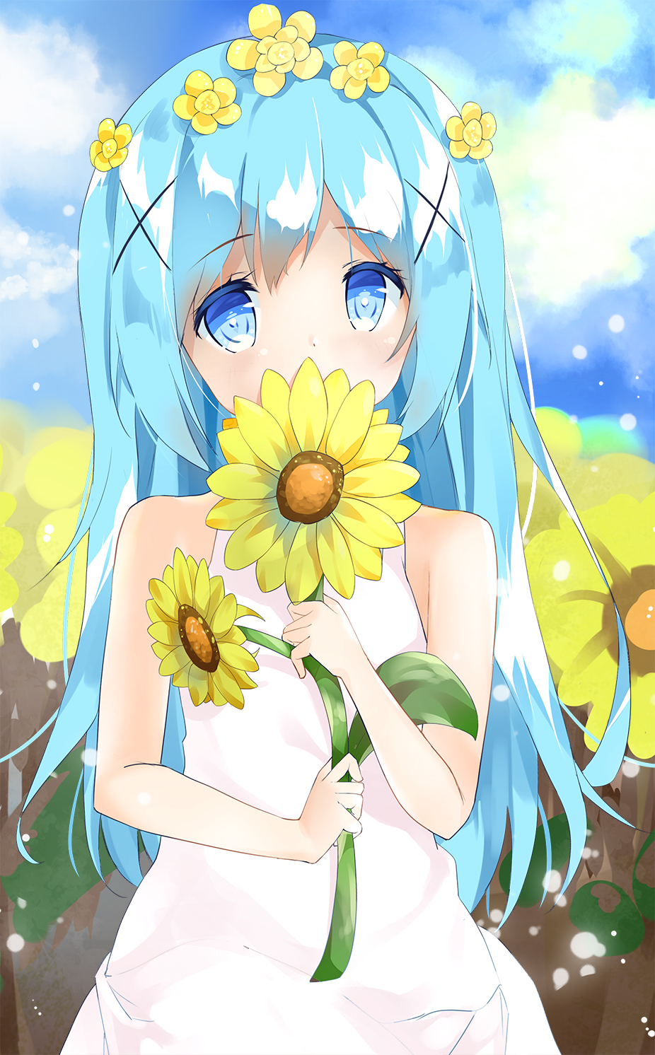 1girl bangs bare_arms bare_shoulders blue_eyes blue_hair blue_sky blush clouds cloudy_sky commentary covered_mouth day dress eyebrows_visible_through_hair flower gochuumon_wa_usagi_desu_ka? hair_between_eyes hair_flower hair_ornament highres holding holding_flower kafuu_chino long_hair outdoors shiraki_shiori sky sleeveless sleeveless_dress solo sunflower very_long_hair white_dress x_hair_ornament yellow_flower