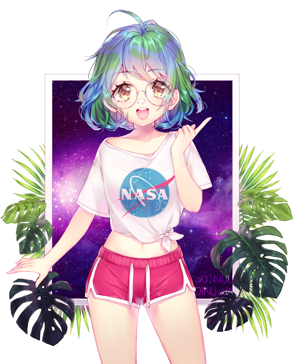 01nu 1girl ahoge bandaid bandaid_on_face bandaid_on_nose bangs blue_hair brown_eyes collarbone earth earth-chan glasses highres navel open_mouth original shirt short_hair short_shorts short_sleeves shorts smile t-shirt upper_body yellow_eyes