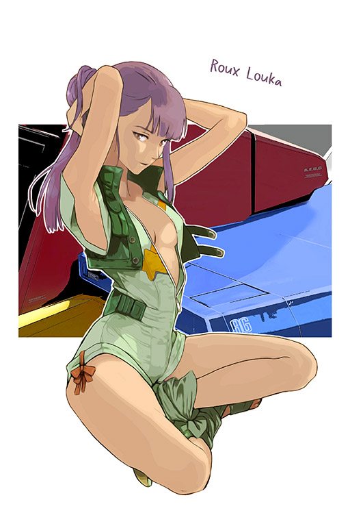 1girl arms_behind_head bangs bare_arms bare_legs blunt_bangs breasts character_name ebba gundam gundam_zz legs_crossed leotard long_hair looking_at_viewer mecha medium_breasts open_clothes ponytail purple_hair red_ribbon ribbon roux_louka sitting solo vest violet_eyes zipper