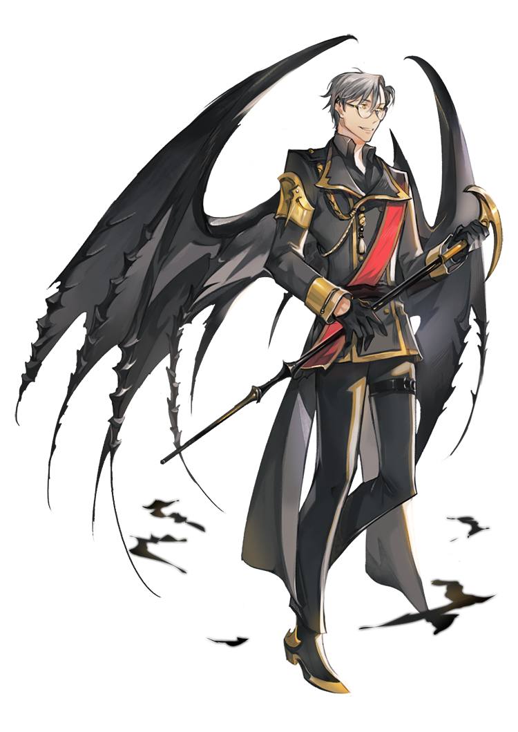 1boy black_footwear black_gloves black_pants black_wings collared_shirt full_body glasses gloves grey_hair holding holding_staff long_sleeves looking_to_the_side male_focus original pants parted_lips shirt shoes simple_background staff standing thigh_strap white_background wings zzinp
