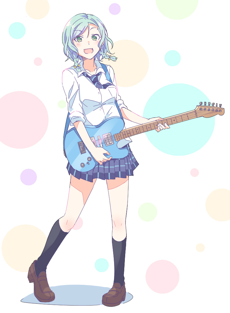 1girl :d aqua_hair bang_dream! black_legwear blue_skirt brown_footwear e20 electric_guitar fang full_body green_eyes guitar haneoka_school_uniform hikawa_hina instrument kneehighs loafers looking_at_viewer miniskirt music necktie open_mouth plaid plaid_skirt playing_instrument pleated_skirt shirt shoes short_hair side_braids skirt sleeves_rolled_up smile solo standing striped_neckwear white_shirt