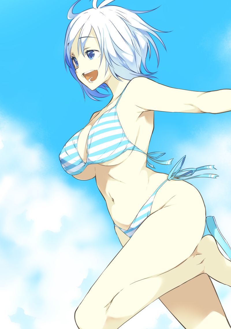 1girl ahoge bangs bikini blue_eyes blue_sky breasts cleavage day dennou_shoujo_youtuber_shiro eyebrows_visible_through_hair hair_between_eyes large_breasts navel nekoge open_mouth shiro_(dennou_shoujo_youtuber_shiro) short_hair side-tie_bikini silver_hair sky solo striped striped_bikini striped_swimsuit swimsuit virtual_youtuber