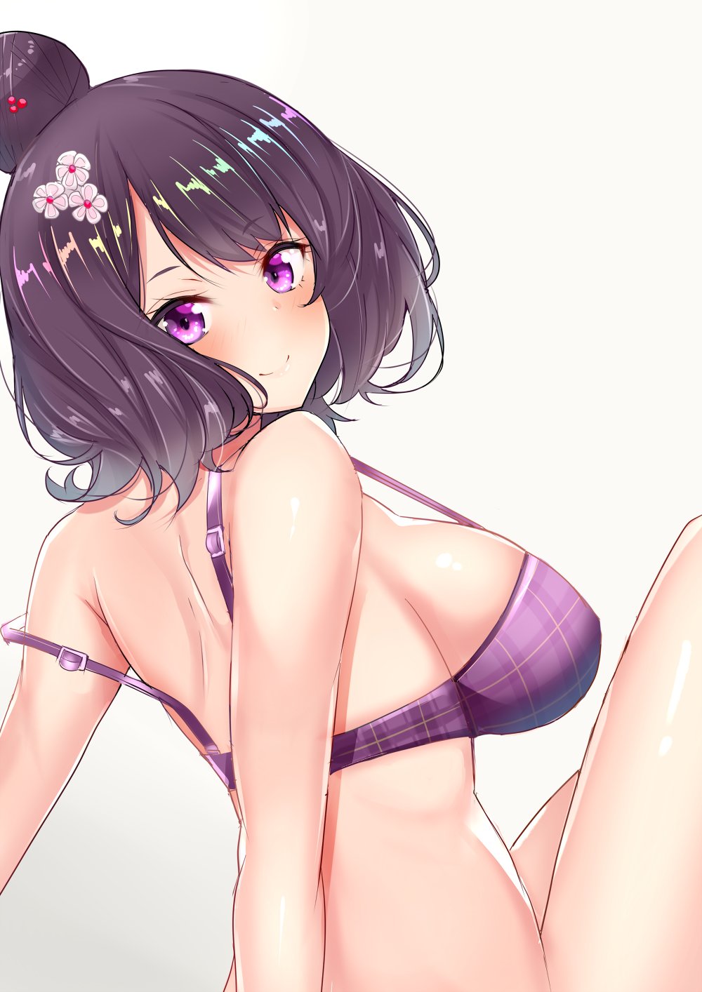 1girl back bangs bare_shoulders blush bra breasts closed_mouth fate/grand_order fate_(series) flower hair_bun hair_flower hair_ornament hairpin highres katsushika_hokusai_(fate/grand_order) knees_up large_breasts looking_at_viewer looking_to_the_side plaid plaid_bra purple_bra purple_hair sankakusui shiny shiny_skin sideboob simple_background sitting smile solo strap_slip swept_bangs thighs underwear violet_eyes waist white_background