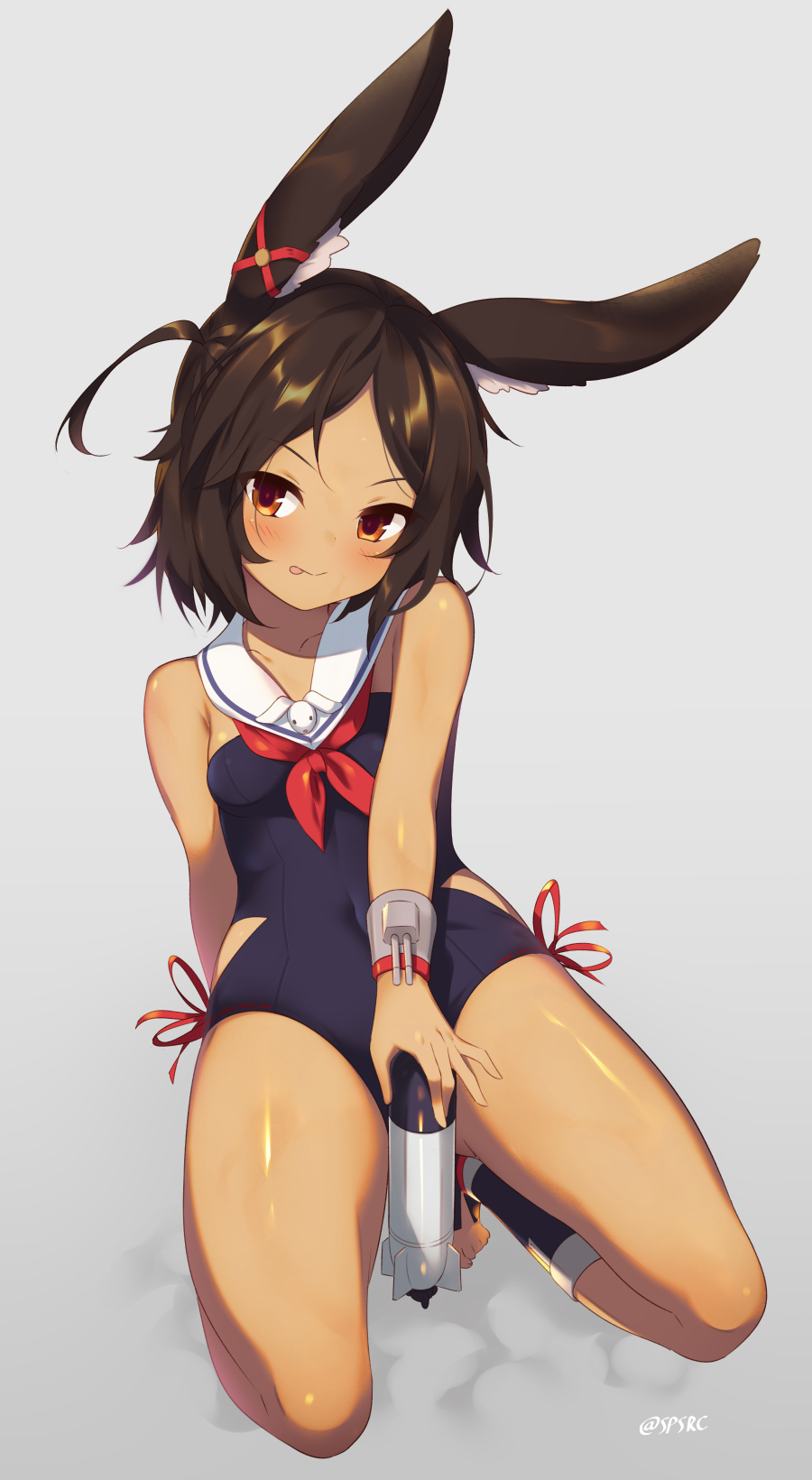 1girl :p animal_ears arm_behind_back azur_lane black_hair blush breasts brown_eyes collarbone commentary dark_skin full_body hair_ornament highres i-26_(azur_lane) looking_at_viewer rabbit_ears school_uniform short_hair simple_background sitting small_breasts solo takashiru tongue tongue_out torpedo