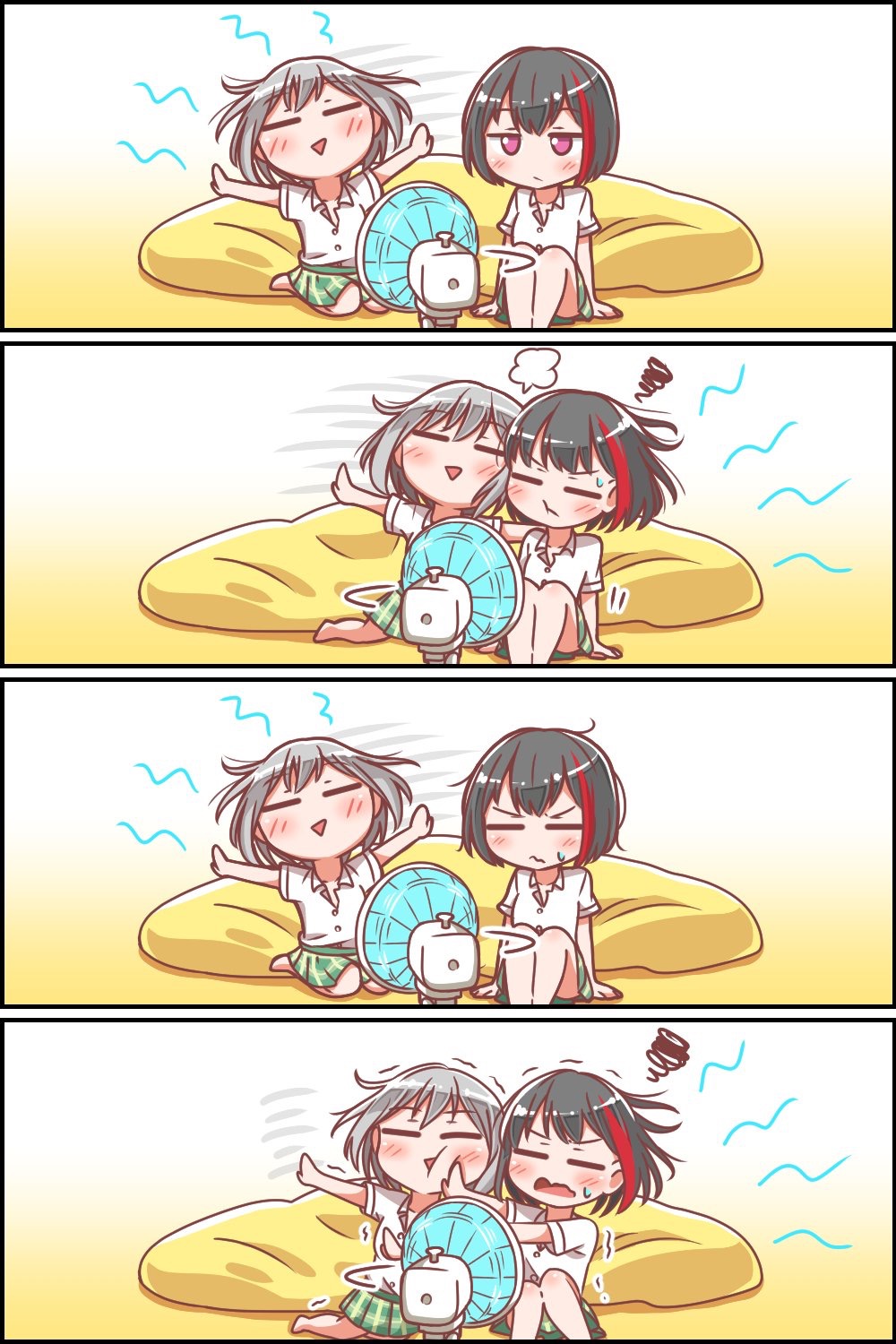 2girls 4koma =3 =_= \o/ aoba_moka arms_up bang_dream! bangs barefoot bob_cut brown_hair bumping closed_eyes collared_shirt comic commentary_request cushion electric_fan green_skirt grey_hair haneoka_school_uniform highres jitome knees_up kyou_(user_gpks5753) mitake_ran motion_lines multicolored_hair multiple_girls open_mouth outstretched_arms pushing_away pushing_face school_uniform scribble shirt short_hair short_sleeves silent_comic sitting skirt smile streaked_hair sweatdrop trembling triangle_mouth violet_eyes wavy_mouth white_skirt