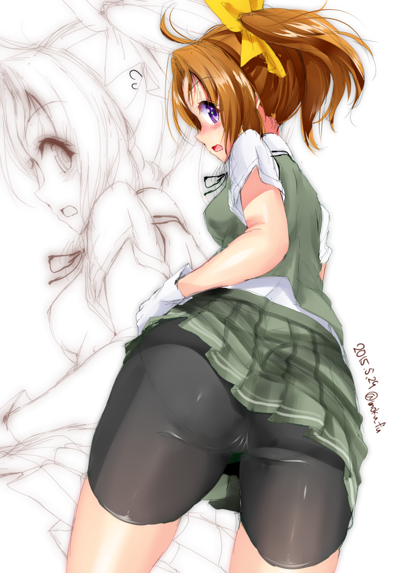 1girl ahoge ass bike_shorts blush brown_hair collared_shirt dated gloves green_skirt green_vest hair_ribbon kagerou_(kantai_collection) kantai_collection looking_at_viewer looking_back mokufuu open_mouth pleated_skirt ribbon shirt short_sleeves shorts shorts_under_skirt skirt solo sweater_vest thighs twintails twitter_username vest violet_eyes white_background white_gloves white_shirt yellow_ribbon zoom_layer