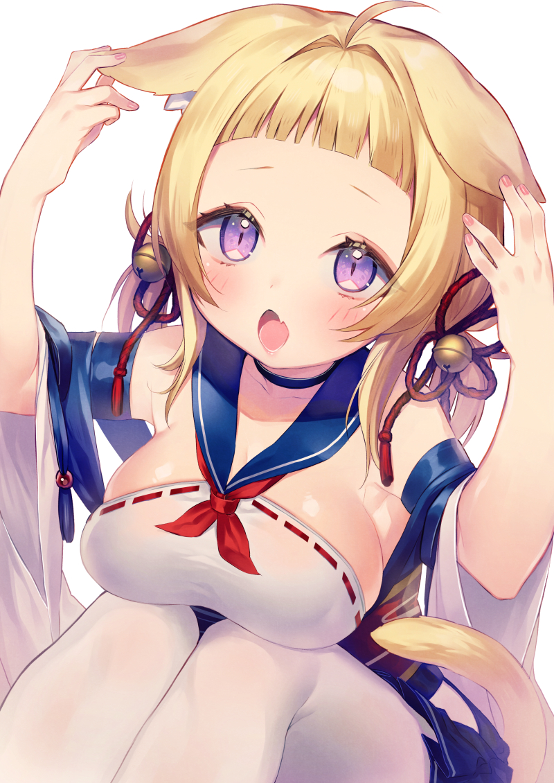 1girl a ahoge animal_ears ariake_(azur_lane) azur_lane bangs bell blonde_hair blunt_bangs blush breasts choker cleavage commentary_request fang hair_bell hair_ornament jingle_bell large_breasts open_mouth pantyhose sailor_collar shirako_sei short_hair simple_background sitting slit_pupils solo tail violet_eyes white_background white_legwear wide_sleeves