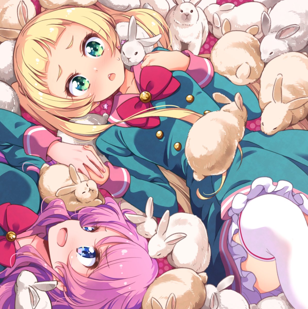 2girls aikatsu!_(series) aikatsu_friends! bangs blonde_hair blue_eyes blunt_bangs blush bow buttons chouno_maika collarbone commentary earrings from_above green_eyes hand_holding highres hinata_ema_(aikatsu_friends!) jewelry long_hair looking_at_another looking_at_viewer lying medium_hair multiple_girls nail_polish on_back on_floor open_mouth pink_hair rabbit red_bow school_uniform smile star_harmony_academy_uniform stud_earrings sweatdrop thigh-highs thighs tokunou_shoutarou twintails white_legwear yuri zettai_ryouiki
