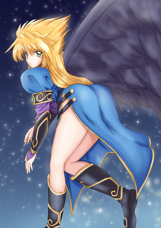 1girl ass black_wings blonde_hair boots breath_of_fire breath_of_fire_ii bridal_gauntlets green_eyes knee_boots long_hair nina_(breath_of_fire_ii) wings