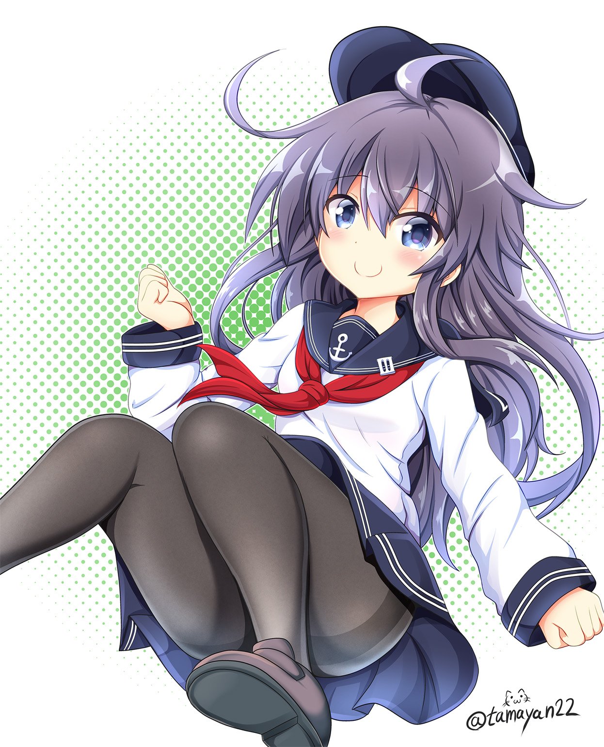 1girl ahoge akatsuki_(kantai_collection) blue_eyes blush clenched_hands hat highres kantai_collection loafers long_hair looking_at_viewer neckerchief pantyhose purple_hair school_uniform serafuku shoes skirt smile solo tamayan